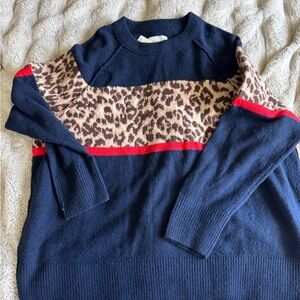 Aerie Navy Leopard-Panel Crewneck Sweater with Red Trim
